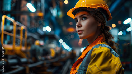 A girl in a hard hat works in a factory and production, engineer	
