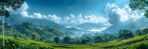 Sri Lanka tea plantation landscape view, beautiful, Massive grass field wide view in a sunny day. 