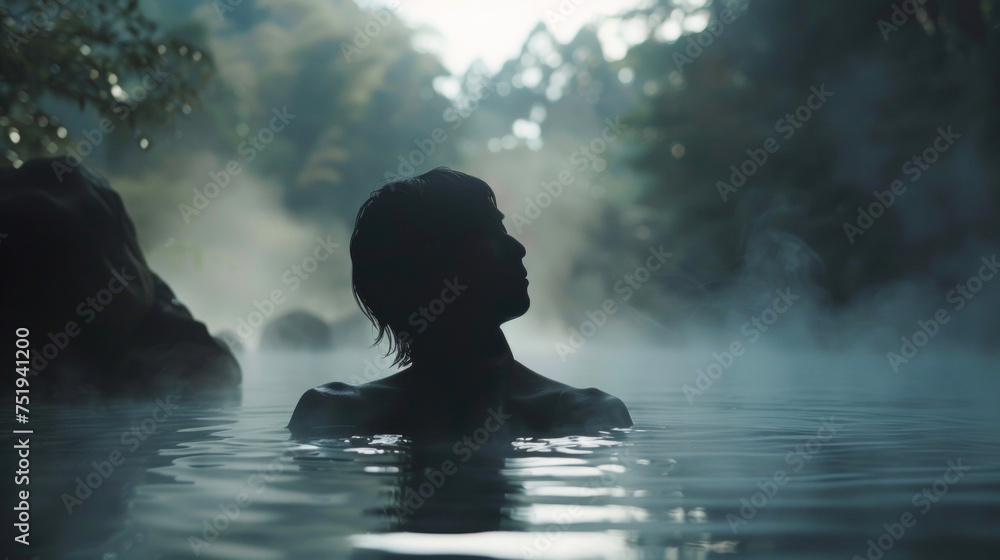The steam from the hot spring creates a dreamy and ethereal mood as if the person meditating is in another world. The sound of birds chirping and a soft breeze rustling through The steam from the hot spring creates a dreamy and ethereal mood as if the person meditating is in another world. The sound of birds chirping and a soft breeze rustling through