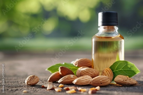 bottle of Almond oil and almonds nuts isolated on table photo