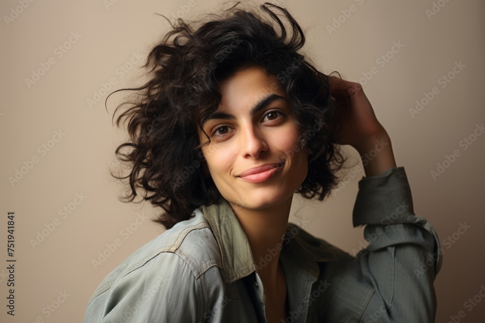 Portrait of a beautiful young woman with curly hair, studio shot Portrait of a beautiful young woman with curly hair, studio shot
