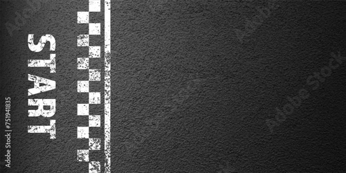 Asphalt road with white start line marking, concrete highway surface, texture. Street traffic lane, road dividing strip. Pattern with grainy structure, grunge stone background. Vector illustration