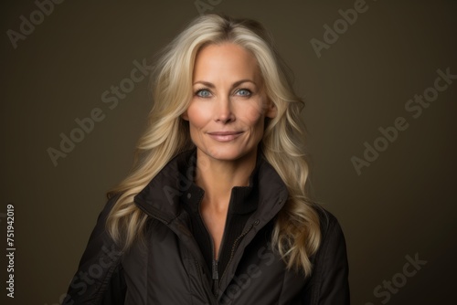 Portrait of a beautiful blond woman in a black jacket on a dark background