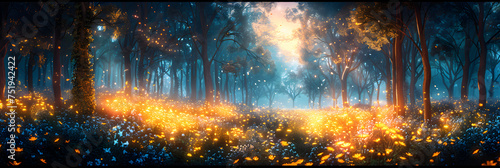  Fantasy illustration of magical fairy tale forest , Magical forest with christmas trees and glowing lights 