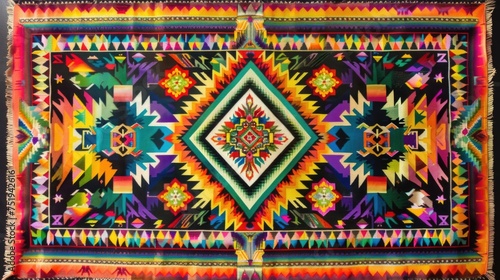 Traditional Zapotec Mexican Rug with Aztec Motifs
