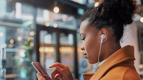 Pessoa com fone de ouvido sem fio em espaço de escritório moderno registado em close com lente de 50mm