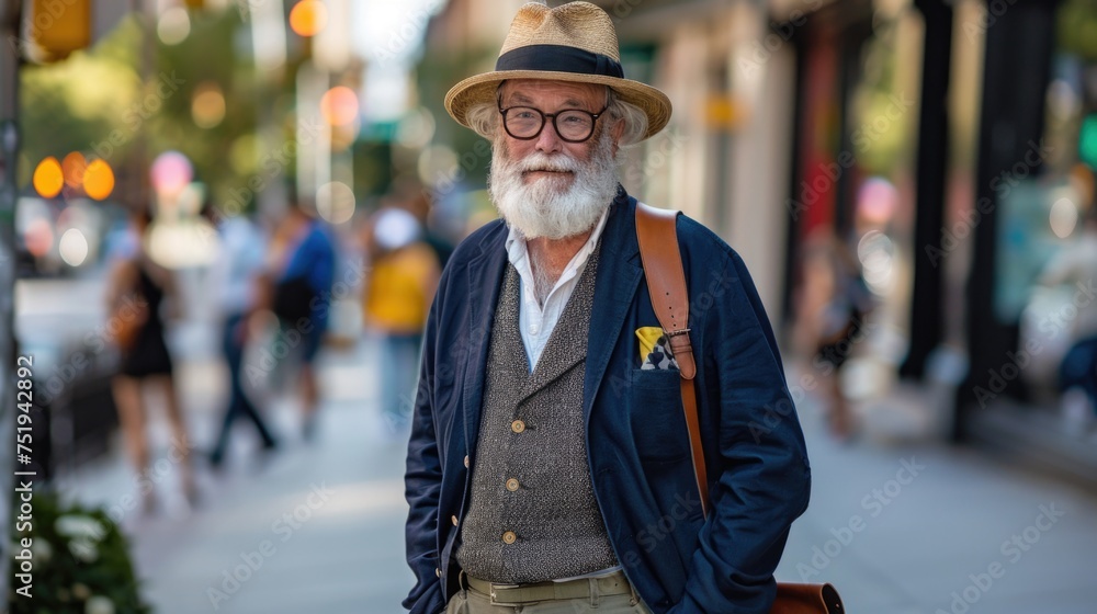 Elderly man with eclectic fashion style walking on city street. Urban senior lifestyle and fashion concept, street style. Elderly man with eclectic fashion style walking on city street. Urban senior lifestyle and fashion concept, street style.