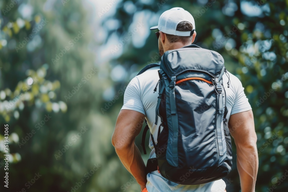 Individual with backpack trekking through a forest trail