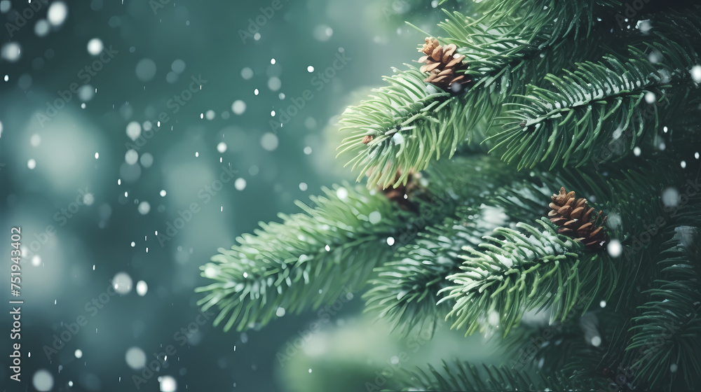 Close-up of festive Christmas tree branches with bright lights and decorations on blurred background Close-up of festive Christmas tree branches with bright lights and decorations on blurred background