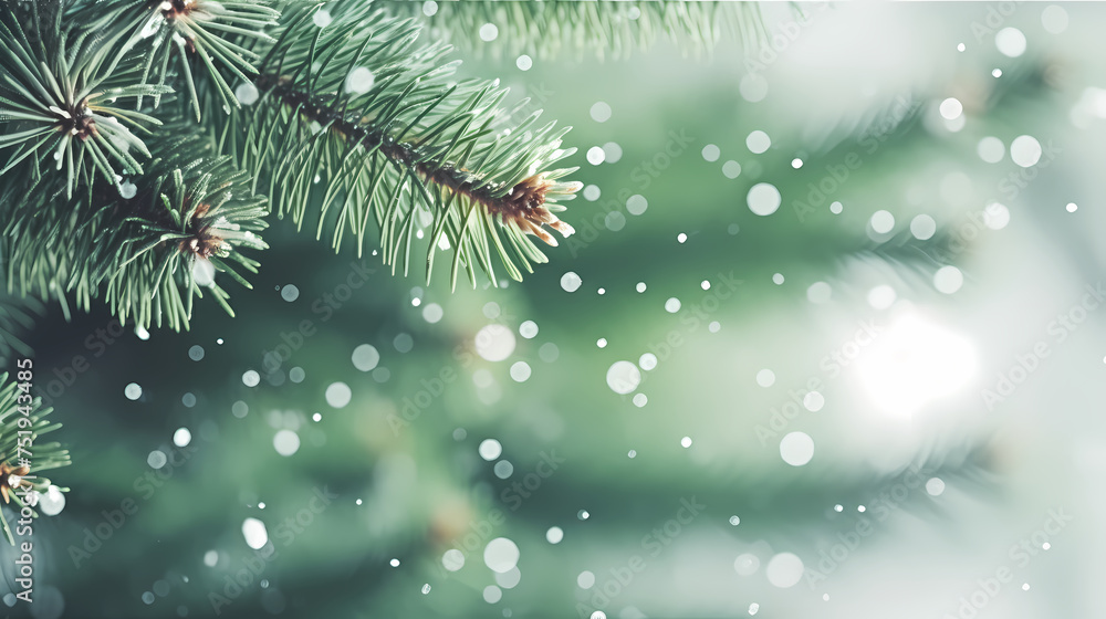 Close-up of festive Christmas tree branches with bright lights and decorations on blurred background