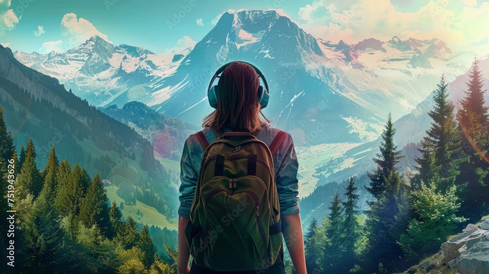 woman walking in the mountains with headphones on generative ai woman walking in the mountains with headphones on generative ai