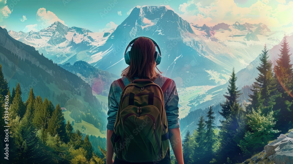 woman walking in the mountains with headphones on generative ai