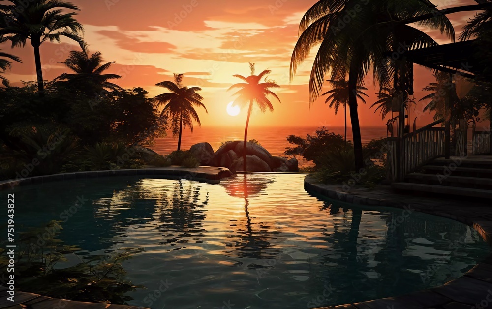 Tropical swimming pool at sunrise. generative ai