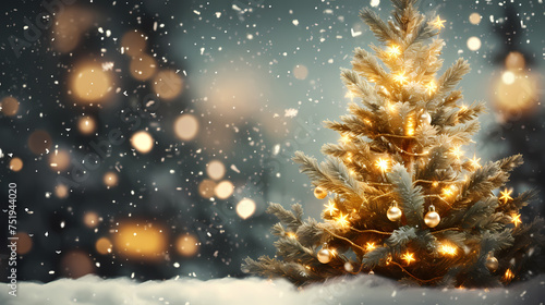 Close-up of festive Christmas tree branches with bright lights and decorations on blurred background