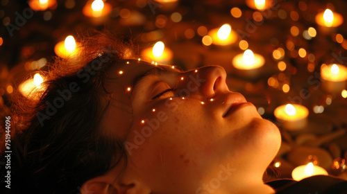 A person lying down with their eyes closed surrounded by lit candles and soothing music receiving acupressure massage along their meridian lines.