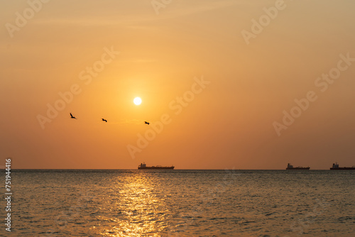 Caribbean Sunset with Maritime Charm beautiful afternoon in the Caribbean sea, hermosos atardecer con pelicanos cruzando el mar © K-PH