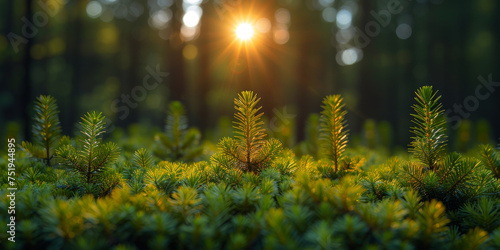 The sunlight filters through the dense canopy of trees in the forest  creating a dappled pattern on the forest floor.