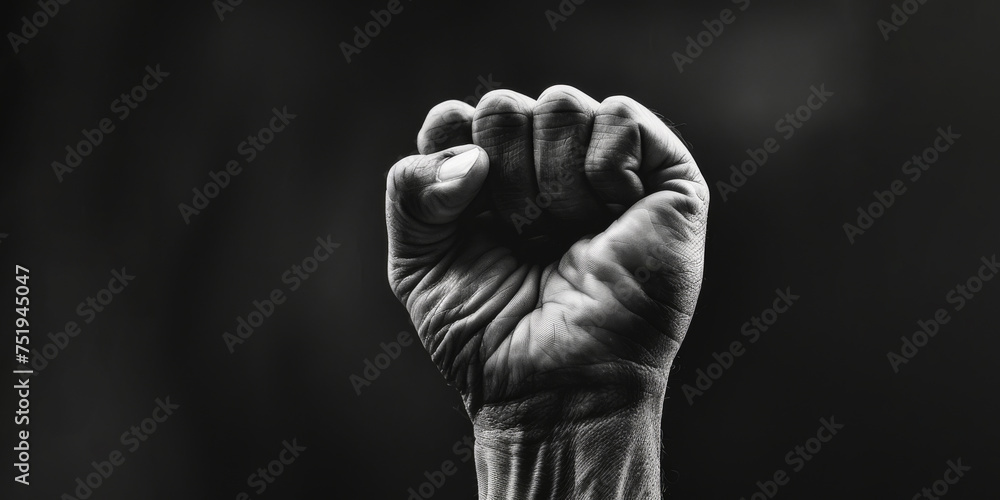This black and white photo captures a person raising their fist in a powerful gesture. The image conveys strength, determination, and defiance