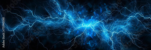 And intricate network of intense, glowing blue electricity arcing through a pitch-black space, resembling a scientific illustration of plasma photo