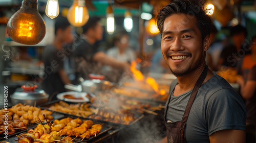 A happy and attractive man cooks delicious seafood, radiating positivity as he smiles towards the camera at a bustling street market.