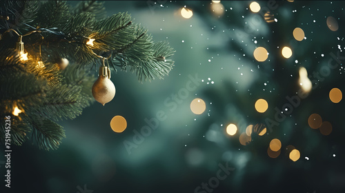 Christmas tree with festive bokeh lights, Christmas and New Year holiday background
