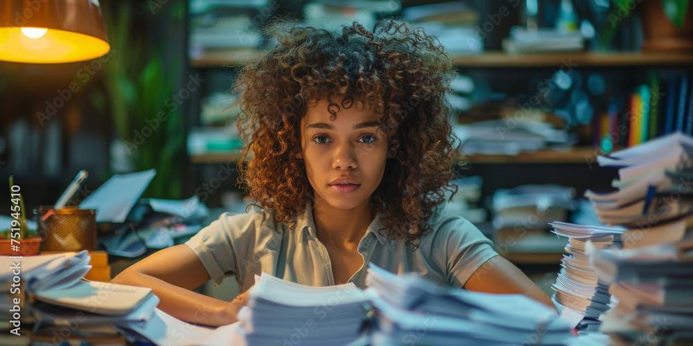 A young professional woman is sitting at a desk surrounded by stacks of papers. She appears focused and busy, possibly working on a project or organizing documents