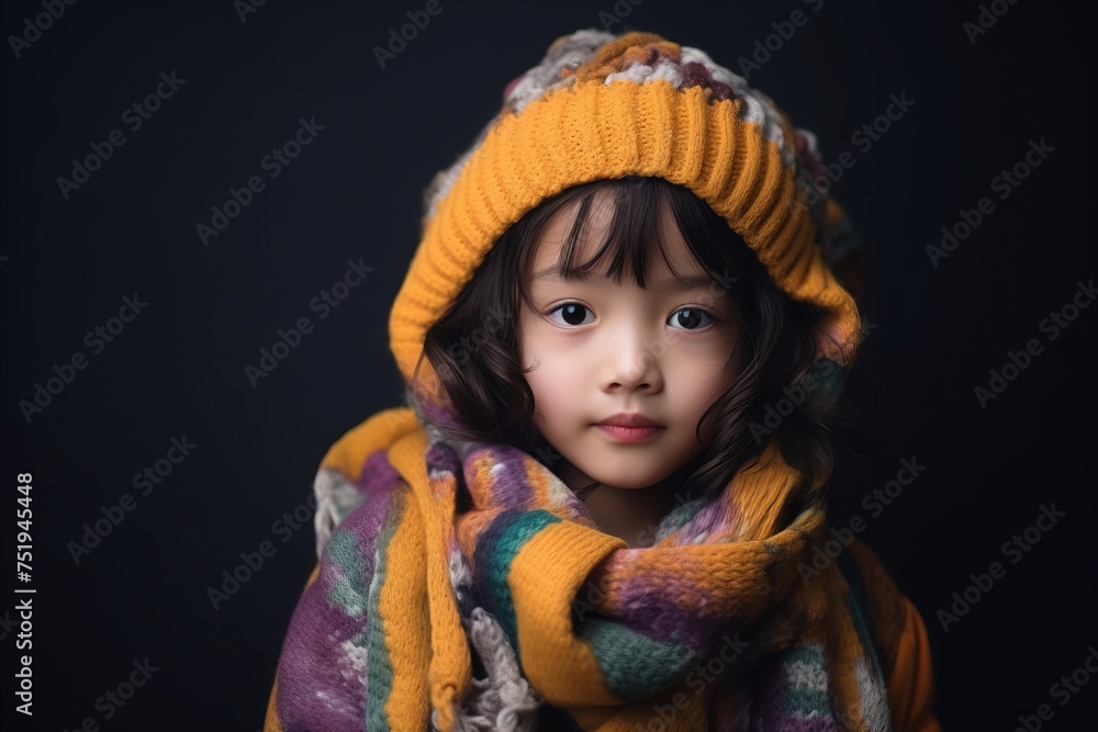 Little asian girl wearing warm hat and scarf, studio shot. Little asian girl wearing warm hat and scarf, studio shot.