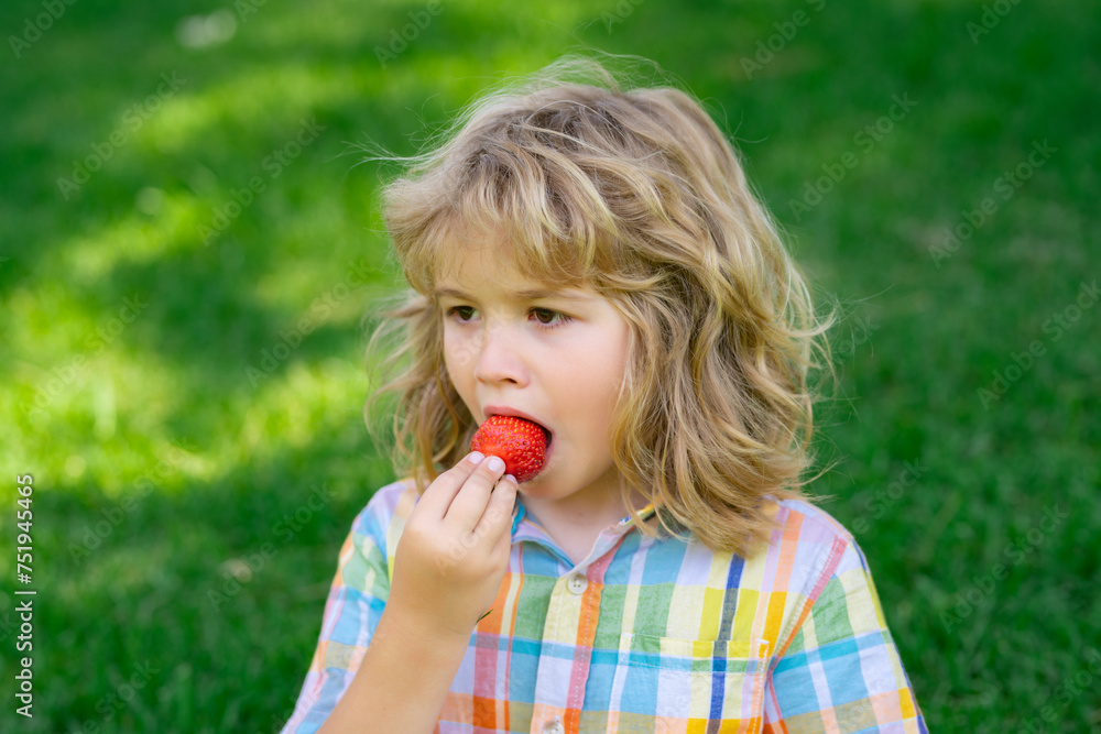 Summer cute kid face. Summer berry for kids. Cute little boy eating strawberry, making funny faces and playing with the strawberries, having fun Summer cute kid face. Summer berry for kids. Cute little boy eating strawberry, making funny faces and playing with the strawberries, having fun