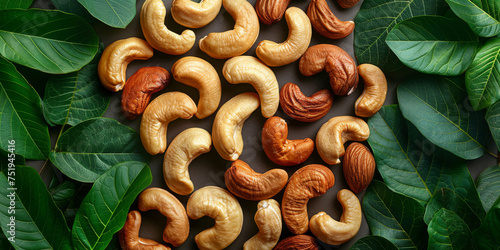 A collection of cashew nuts sitting on top of fresh green leaves, creating a natural and organic composition. The nuts are scattered haphazardly, adding visual interest to the scene photo