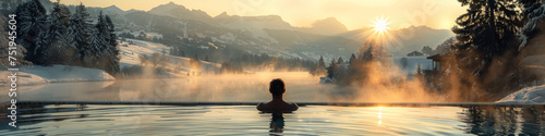 A person sits in a pool of water with mountains in the background. The individual appears relaxed as they enjoy the serene mountainous landscape