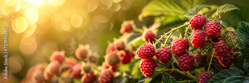 A photo capturing ripe raspberries growing on a bush with the sun shining in the background. The red berries stand out against the green leaves, basking in the sunlight
