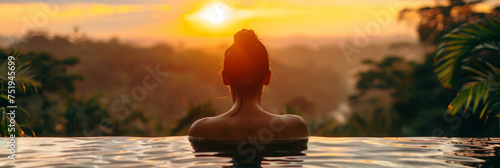 A woman is sitting in a pool as the sun sets in the background. She is relaxed and enjoying the peaceful atmosphere created by the beautiful sunset