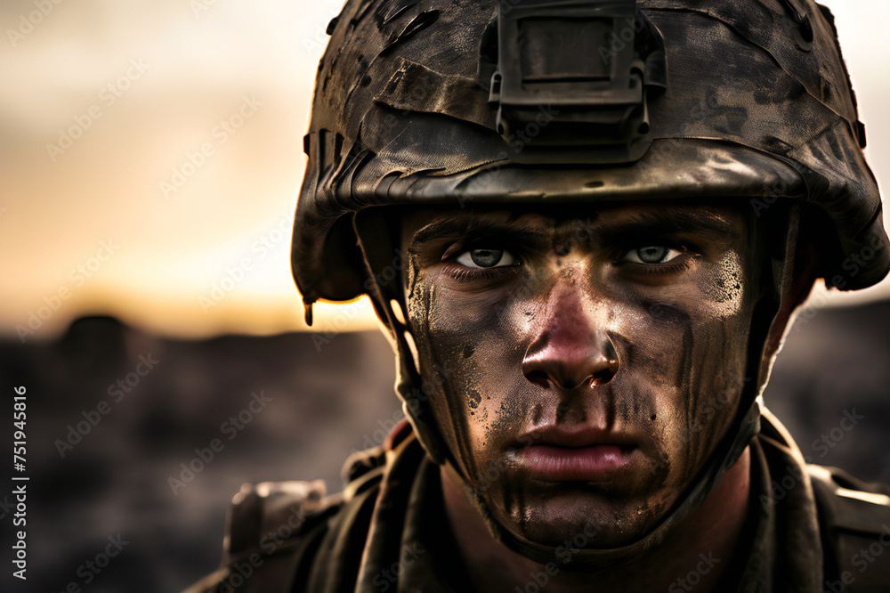 Portrait of a exhausted soldier with a thousand yard stare.