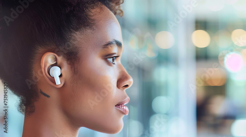 Mulher com fones de ouvido sem fio em fundo urbano desfocado capturada com lente 50mm e luz natural