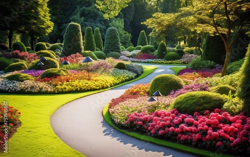 Colorful Flowerbeds and Winding Grass Paths in summer © munja02