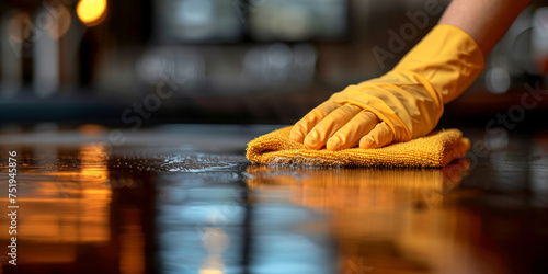 A person wearing yellow gloves is cleaning a table. The individual is focused and attentive, wiping down the surface diligently with a cloth