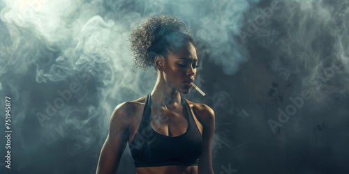 A photo capturing a strong woman wearing a sports bra while smoking a cigarette. The image depicts a contradictory scene of health and unhealthy habits photo
