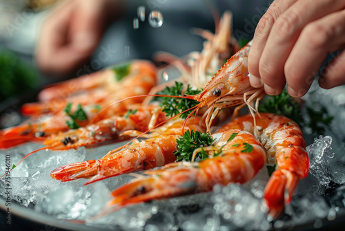 A hand grabbing a pink shrimp from a pile on the table, food culinary