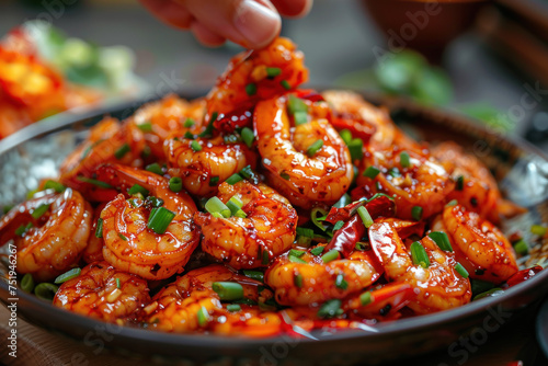 A hand grabbing a stir fry shrimp from a plate on the table, food culinary
