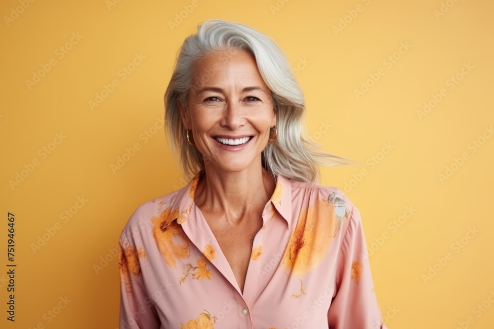 Portrait of happy senior woman smiling and looking at camera over yellow background Portrait of happy senior woman smiling and looking at camera over yellow background