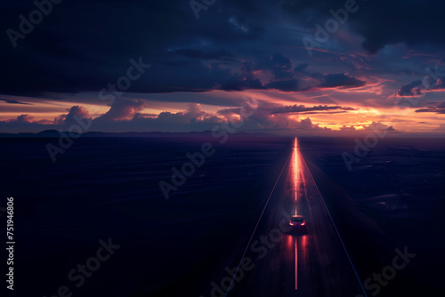A car rides over the horizon to the light from the dark