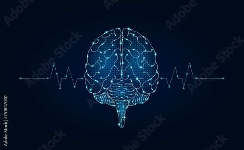 Electronic brain and pulse wave glowing between connecting lines. Human organ microchip data circuit code. Medical science of technology futuristic digital innovative health care. Vector EPS10.
