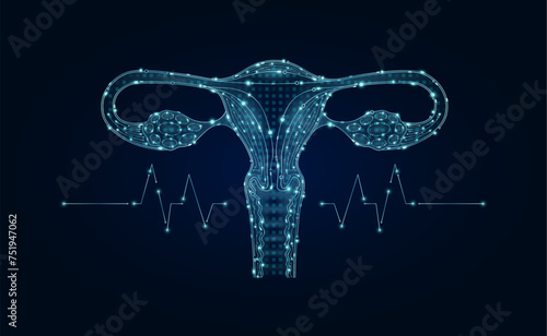 Electronic female uterus and pulse wave glowing between connecting lines. Human organ microchip data circuit code. Medical science of technology futuristic digital innovative health care. Vector.