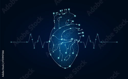 Electronic heart and pulse wave glowing between connecting lines. Human organ microchip data circuit code. Medical science of technology futuristic digital innovative health care. Vector EPS10.