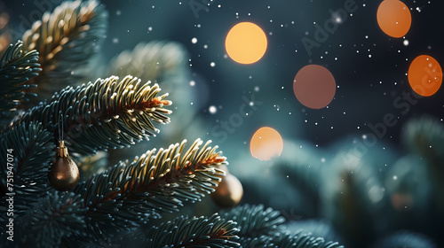 Christmas tree with festive bokeh lights, Christmas and New Year holiday background
