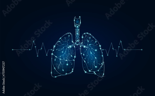 Electronic lung and pulse wave glowing between connecting lines. Human organ microchip data circuit code. Medical science of technology futuristic digital innovative health care. Vector EPS10.