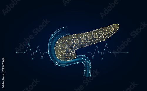 Electronic pancreas and pulse wave glowing between connecting lines. Human organ microchip data circuit code. Medical science of technology futuristic digital innovative health care. Vector EPS10.