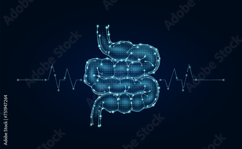 Electronic small intestine and pulse wave glowing between connecting lines. Human organ microchip data circuit code. Medical science of technology futuristic digital innovative health care. Vector.