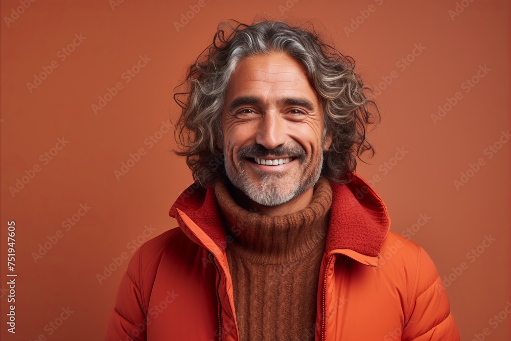 Portrait of a smiling senior man in an orange jacket and scarf. Portrait of a smiling senior man in an orange jacket and scarf.