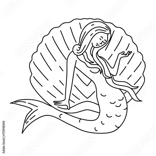 Mono line illustration of a mermaid or siren with long flowing hair sitting on clam shell viewed from front done in monoline line art style.
